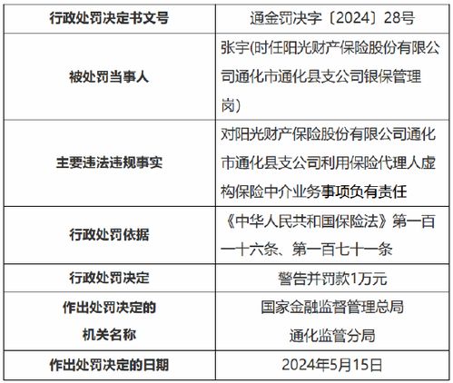 阳光产险通化市通化县支公司被罚7万元 利用保险代理人虚构保险中介业务